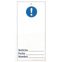 Tarjeta bloqueo con SÍMBOLO DE ADMIRACIÓN (color azul) 75 x 160 mm  (c/10 unid. + 10 bridas)